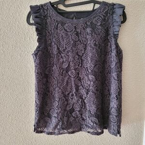 LOFT Gray Ruffled Lace Sleeveless Blouse